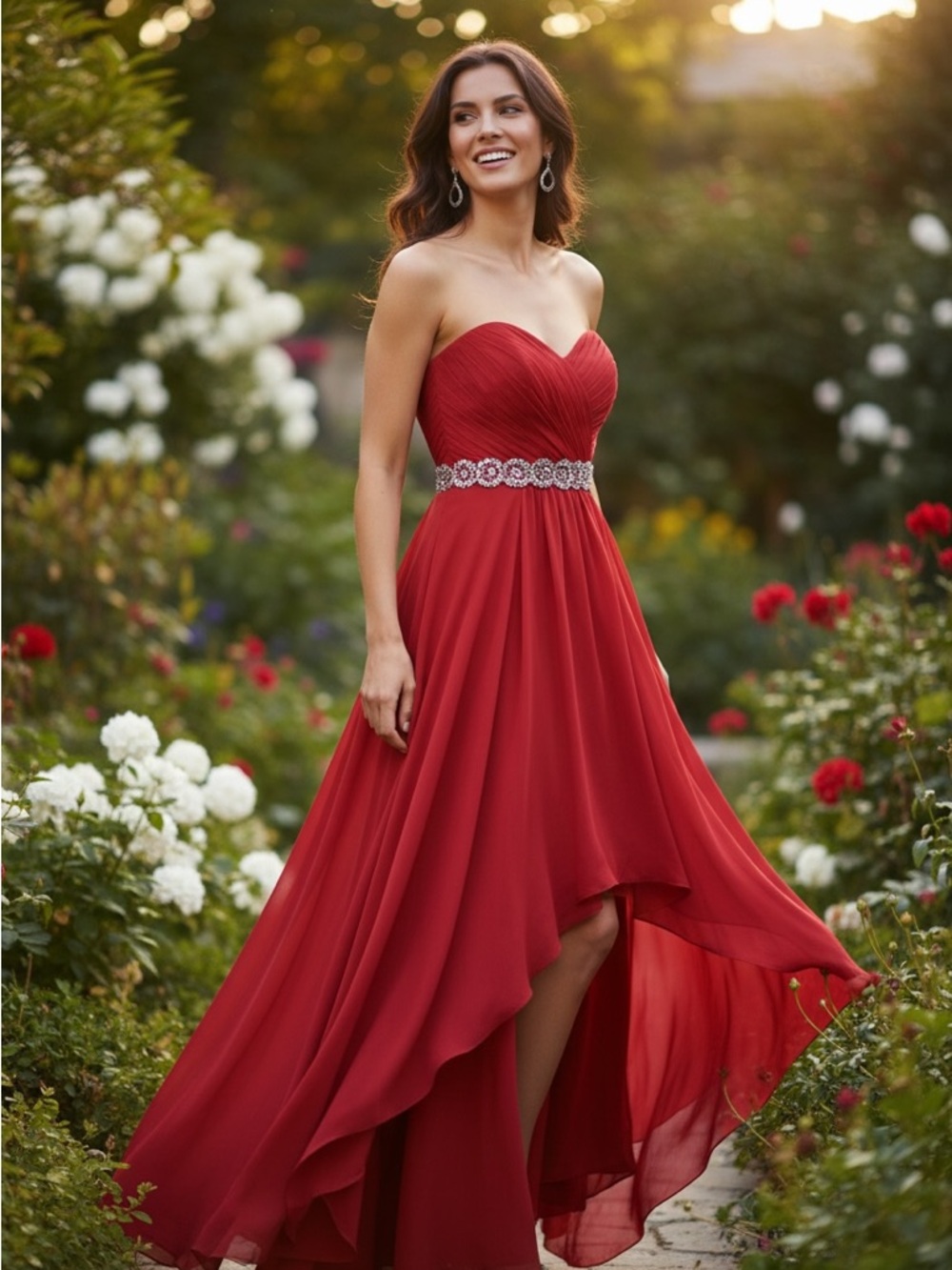 Fiesta Red Strapless High-Low Prom Gown with Beaded Waist